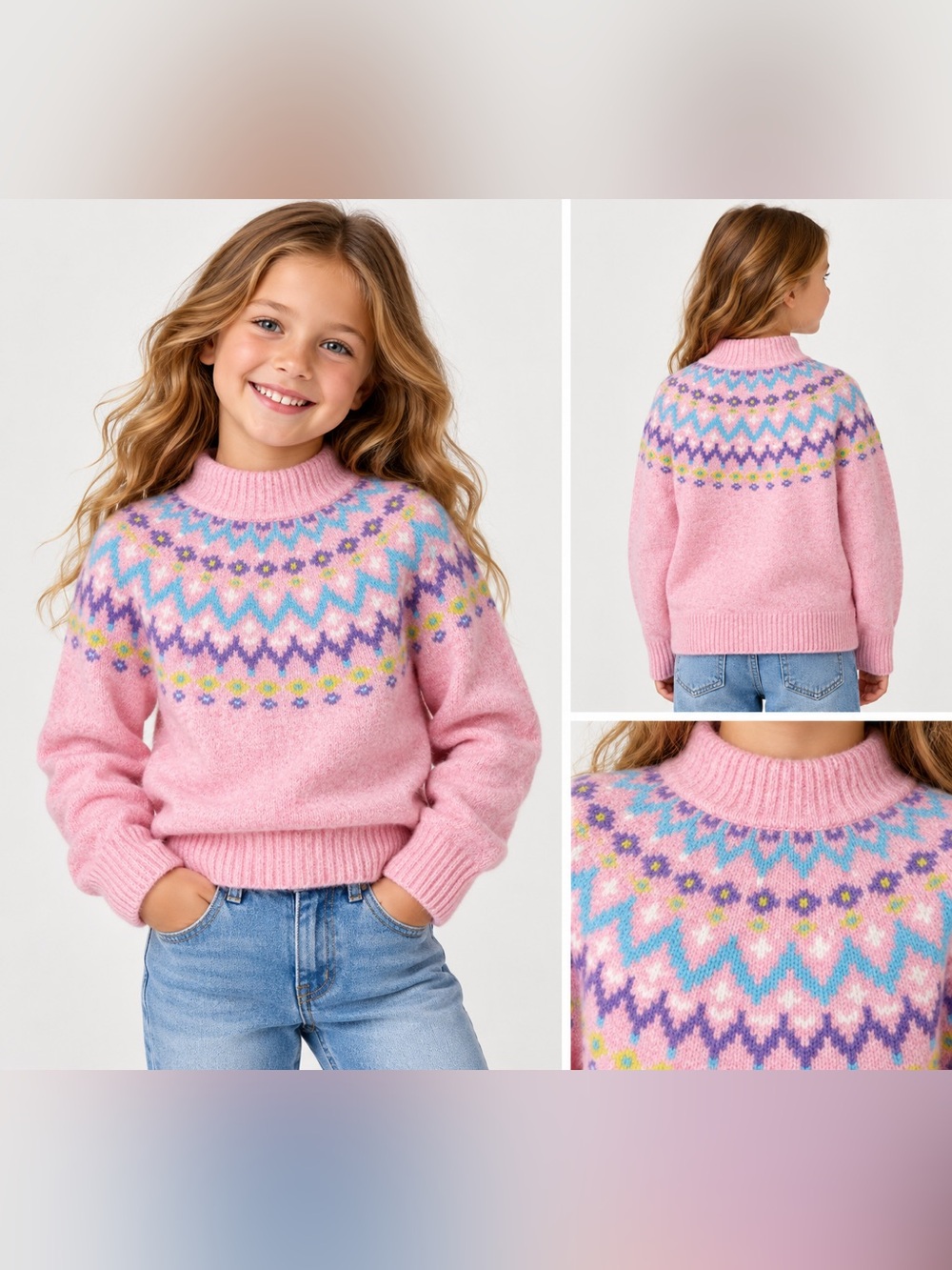 Crewcuts Pink Fair Isle Mockneck Sweater Size M (8-9)